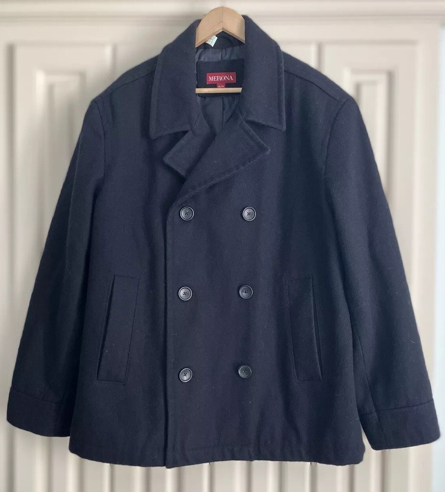 Double Breasted Wool Blend Black Navy Pea Coat Merona Mens XL-image