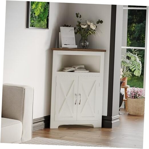 Farmhouse Corner Cabinet, Small Corner Storage Cabinet with Barn Door Design