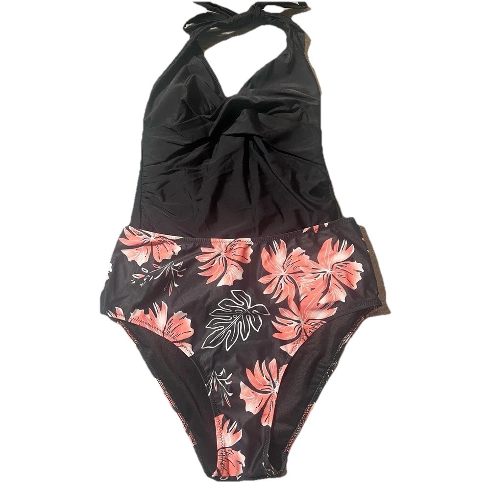 Swimsuit 2 piece Women L Tank Halter Top Hibiscus Bottom Tropical Set Beach New