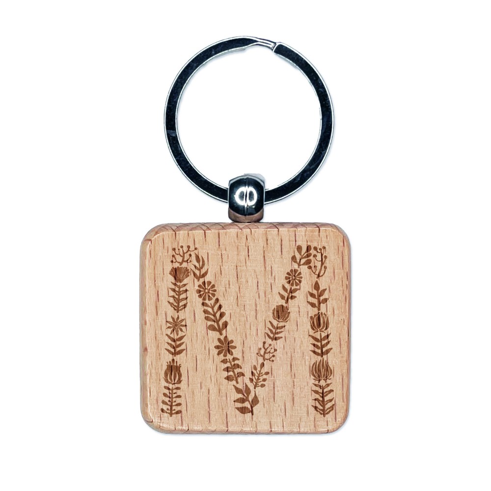 Elegant Botanical Floral Letter M Engraved Wood Square Keychain Tag Charm