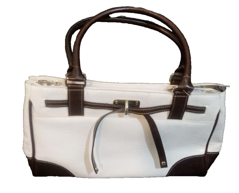 Rina Rich Handbag Tote Womens Brown White Double Handles Silver Hardware Zippers
