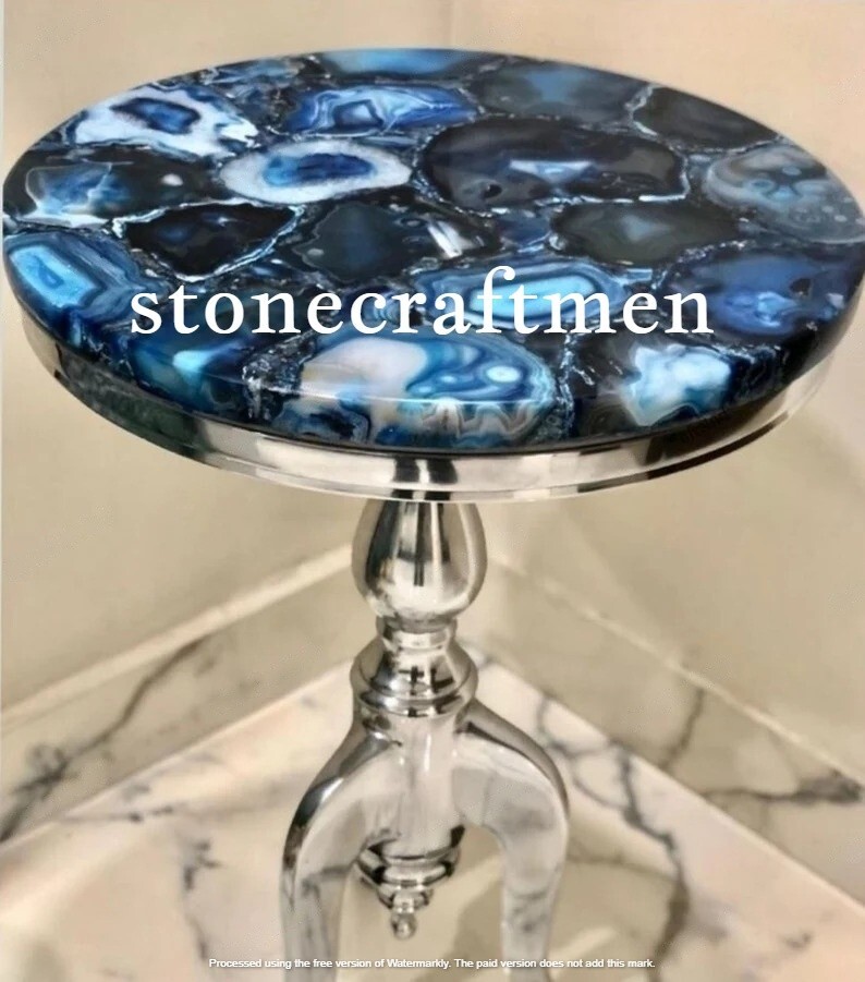 Blue Agate Coffee Table Top with Metal Stand - Natural Stone End Table Slab Holiday Special-image