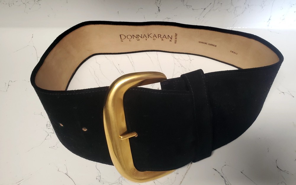 Vtg 80s Donna Karan Italy Belt Buckle Salvage Project Black Leather Suede Small