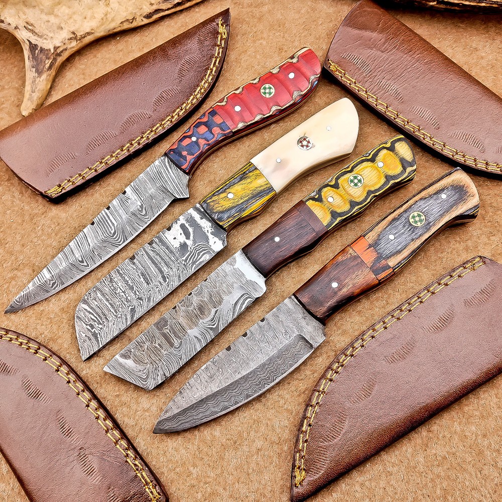 4-Piece Damascus Steel Skinner Knives Set with Wood Handles and Leather Sheath | 8-Inch Blades IT-1528  