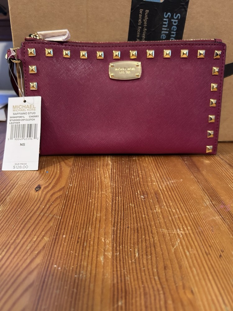Michael Kors Studded Leather Zip Clutch Wristlet Cherry NWT 128