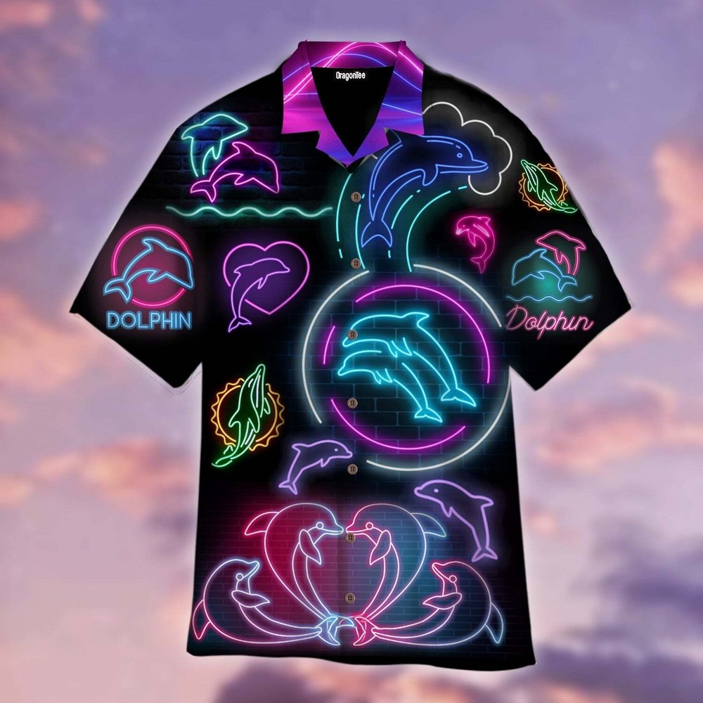 Neon Dolphin Hawaiian Aloha Shirts For Men Summer Short Sleeve US Size