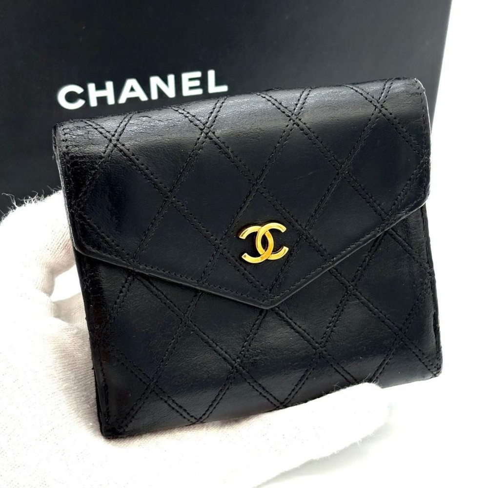Chanel Calfskin Folding Wallet Viole Coco Mark Black Used Authentic