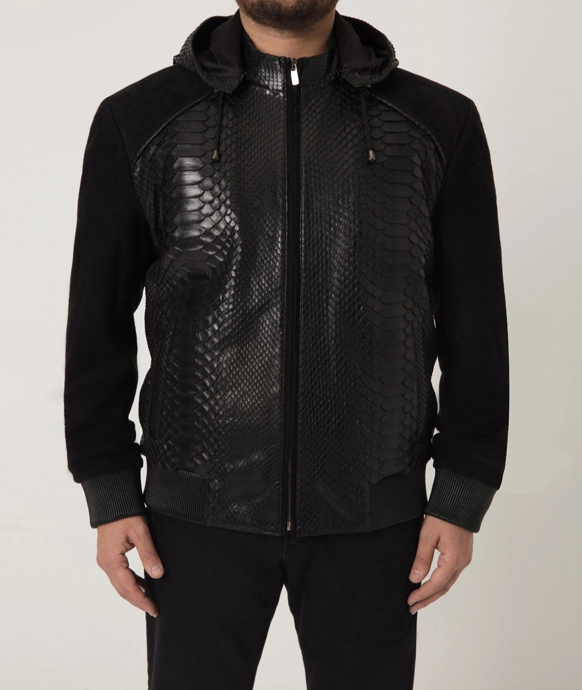 Men's Black Python Print Real Leather Bomber Jacket with Hood
