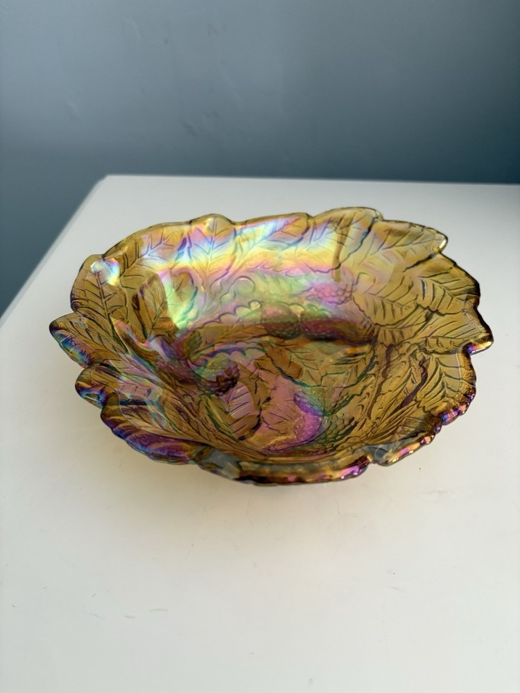 Vintage Indiana Carnival Glass Loganberry Leaf Amber Marigold Candy Dish Bowl