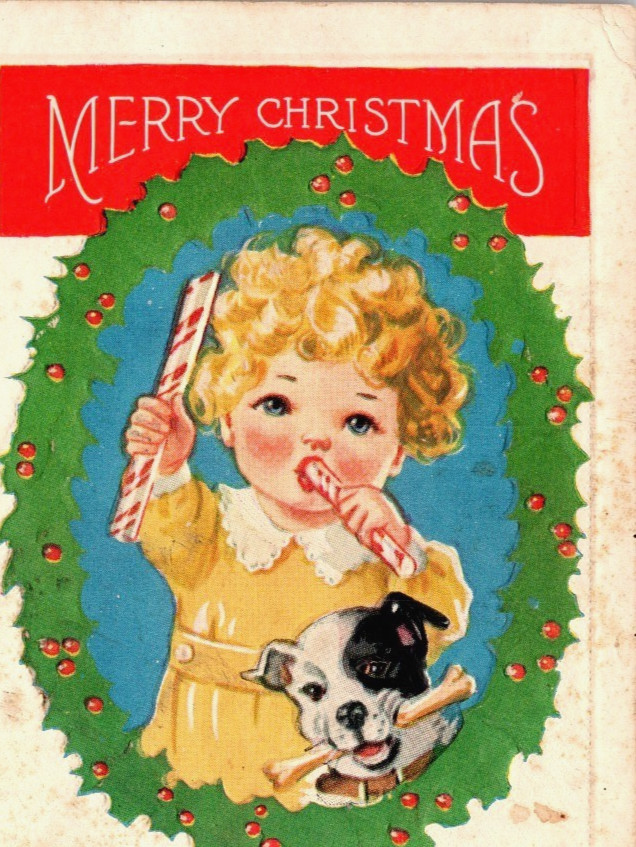 Merry Christmas Wreath, Little Girl Candy Cane Puppy Embossed Postcard c1915