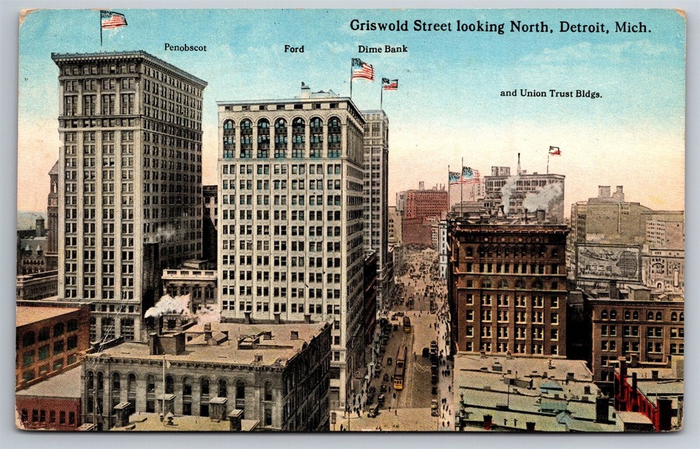 Griswold Street Looking North Detroit MI Birdseye View 1922 Postcard S15