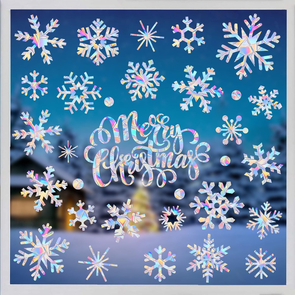 Christmas Anti-Collision Window Clings Non Adhesive Prismatic Christmas Windo...