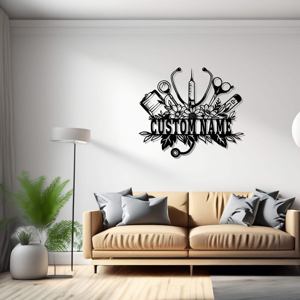 Custom Nurse Floral Frame Metal Wall Art, Personalized Nurse Name Sign Decoratio