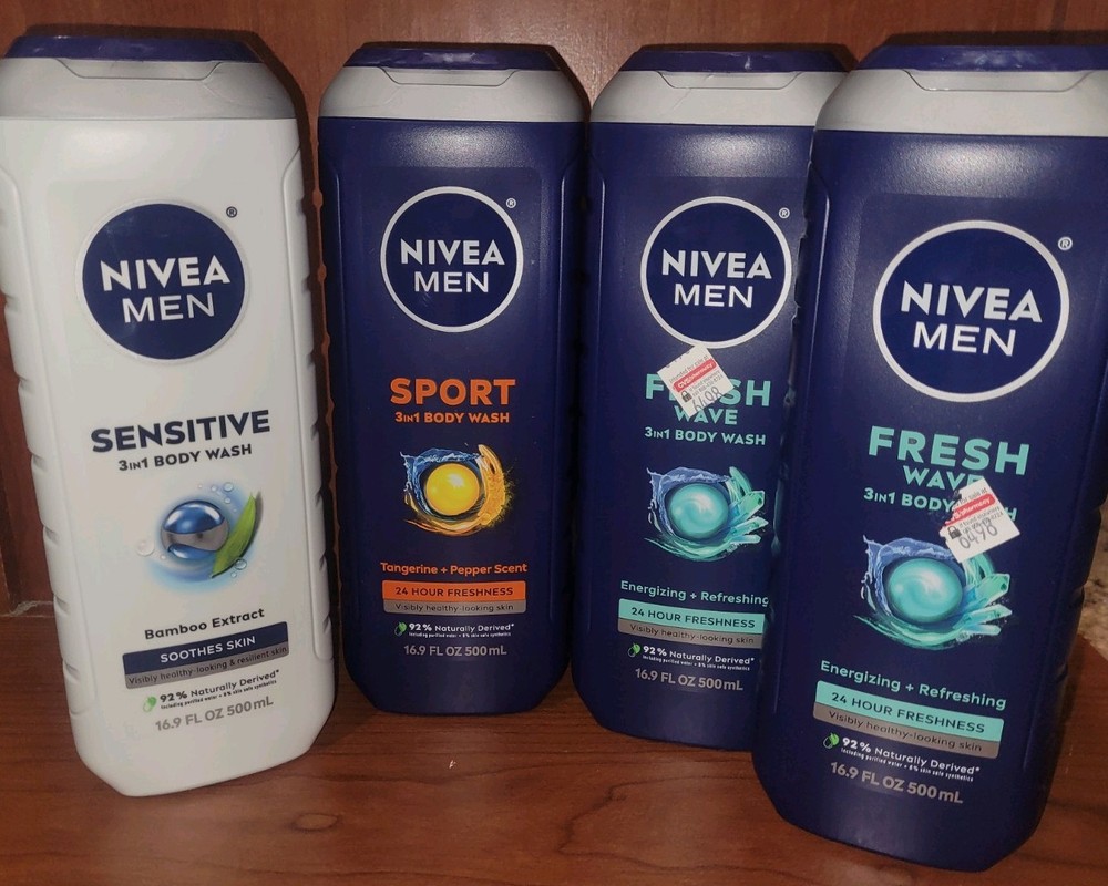 Nivea Men Body Wash Lot 16.9oz X4 Fresh Wave, Sport, Sensitive New