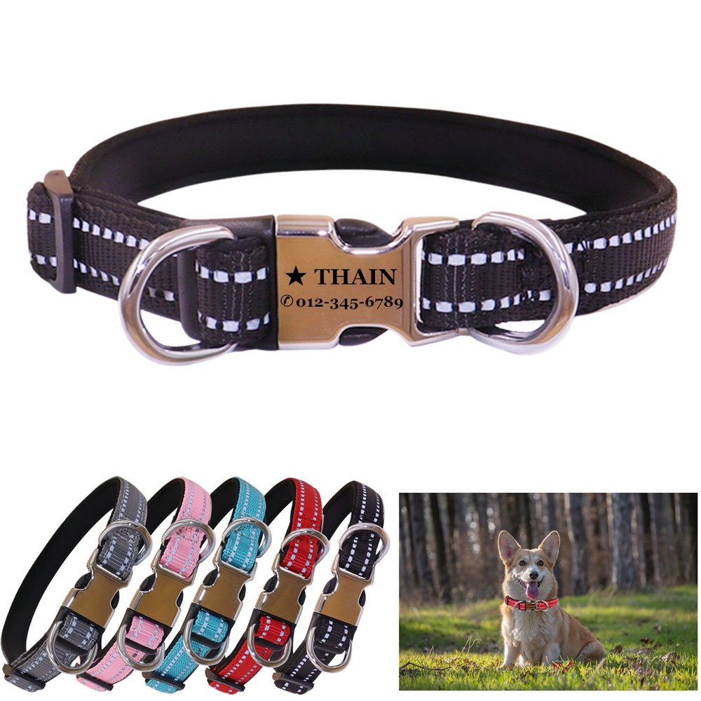 Reflective Personalized Nylon dog collar engraved Buckle Name Number ID Tag