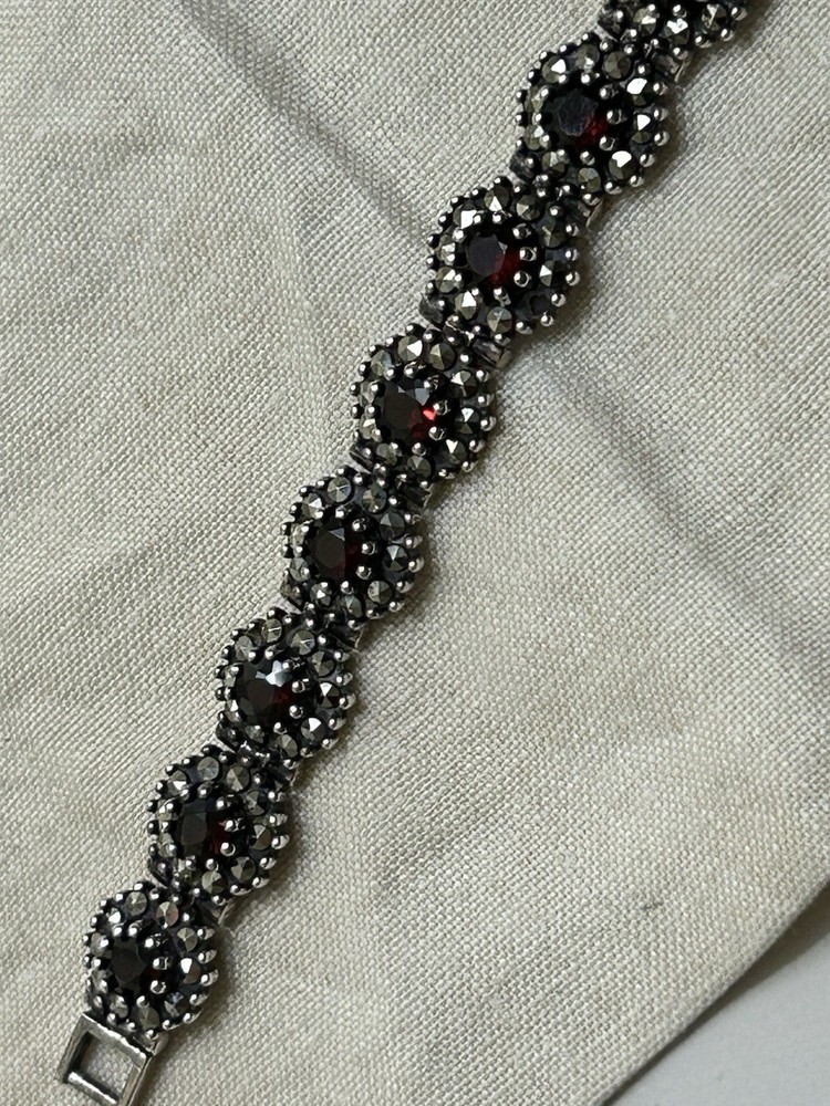 925 Sterling Bracelet With Red Garnets/ Marcasites. 14 Garnets