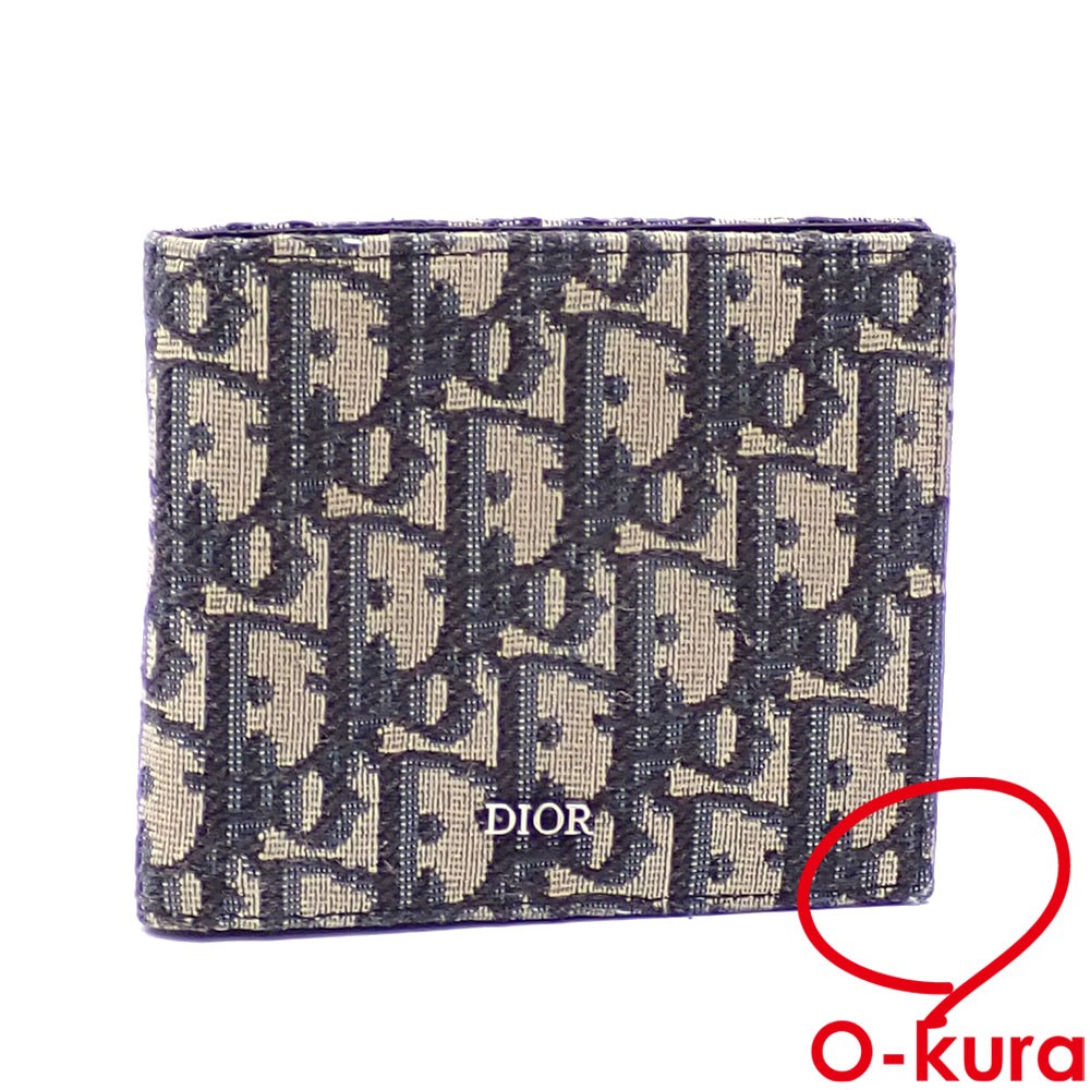 Y0723 Christian Dior Bifold Wallet Men Black Beige Oblique Canvas Used