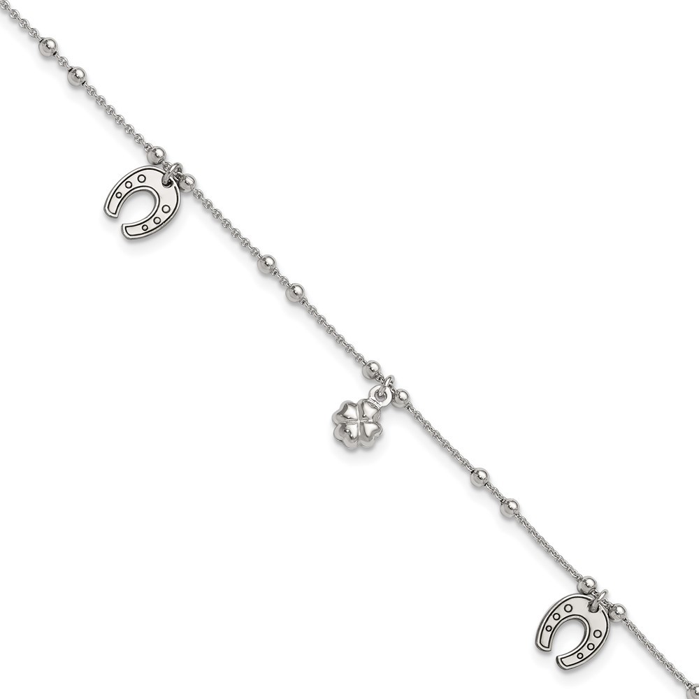 Sterling Silver Rhodium Plated Clover Horseshoe Dangle Anklet 9in with 1in Extender