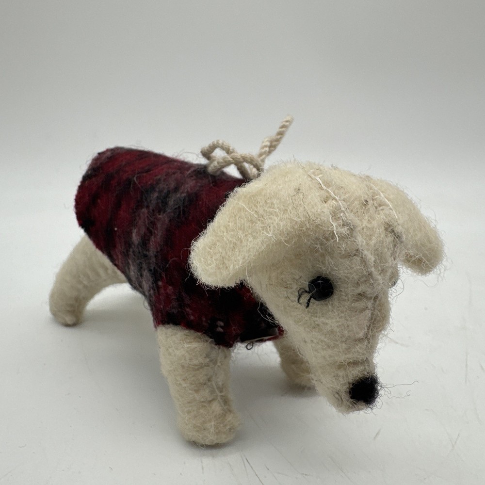 Hand Stitched Wool Felted White Dog Plaid Sweater Christmas Ornament