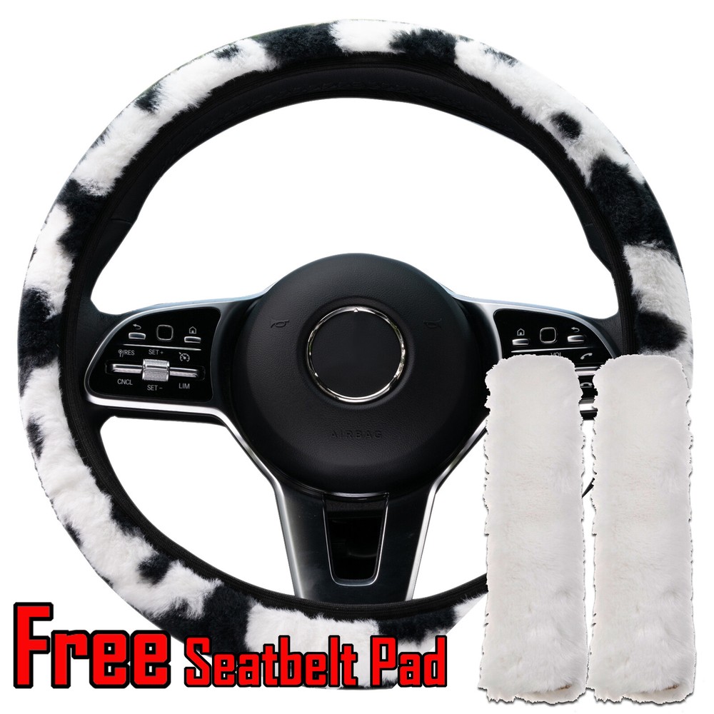 Soft Plush Cow Print Steering Wheel Cover & Seat Belt Pads Set