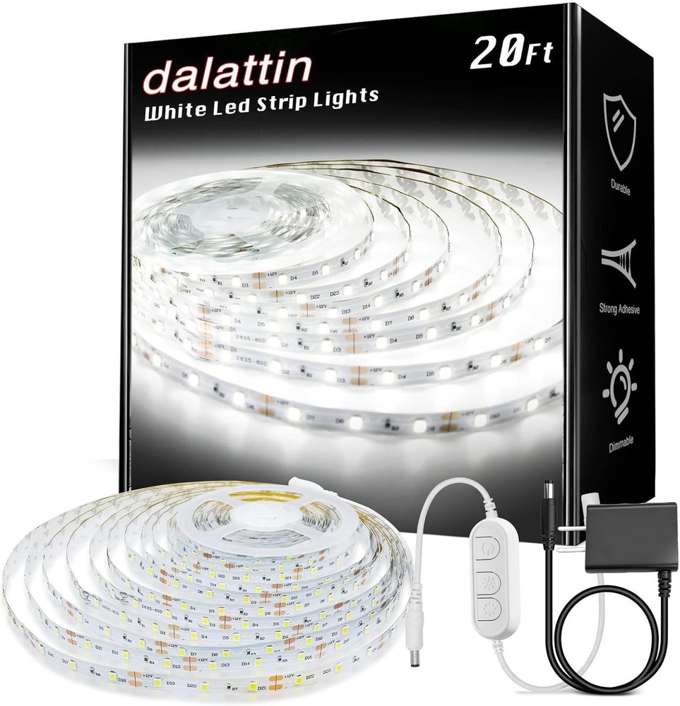 dalattin White LED Strip Lights, 20ft Dimmable Super Bright 20FT, 6500K