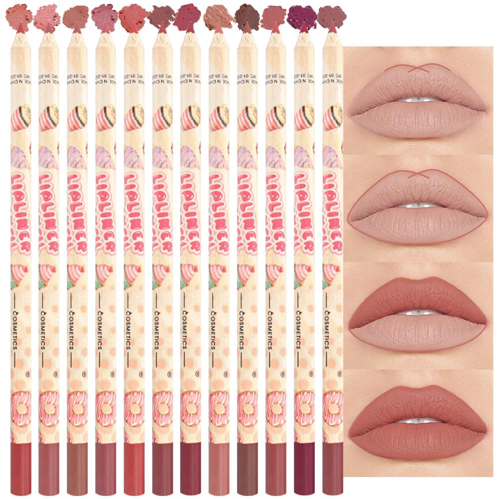 Matte Lip Liner Pencils Pack Set,12Pcs Natural Nude Brown Lipliner Bundle, Highl