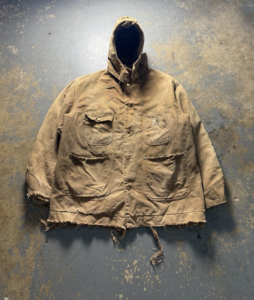 Vintage 70s Carhartt Distressed Duck Canvas Tan Lined Chore Coat Size L