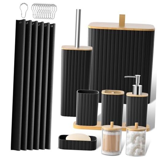 22PCS Black Bathroom Accessories Set with Shower Curtain and Trash Can
