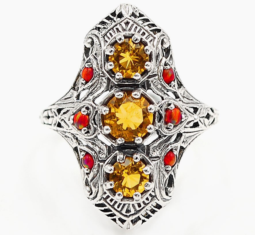 1CT Natural Citrine & Opal 925 Sterling Silver Victorian Ring Size 7