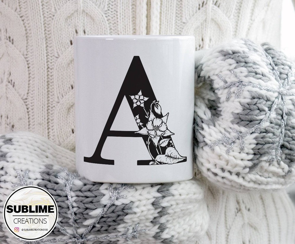 Personalised Monochrome Initial Mug Any Letter Floral Monogram Alphabet Tea Cup