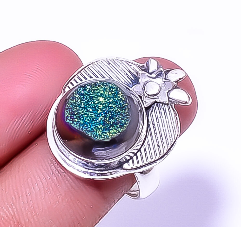 Titanium Peacock Agate Drusy Gemstone 925 Sterling Silver Ring Adjustable (R43)