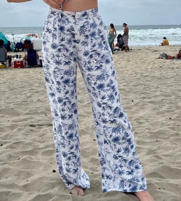 Abercrombie & Fitch Tailored Linen Beachy Wide Leg Pant Palm Tree Print Size M