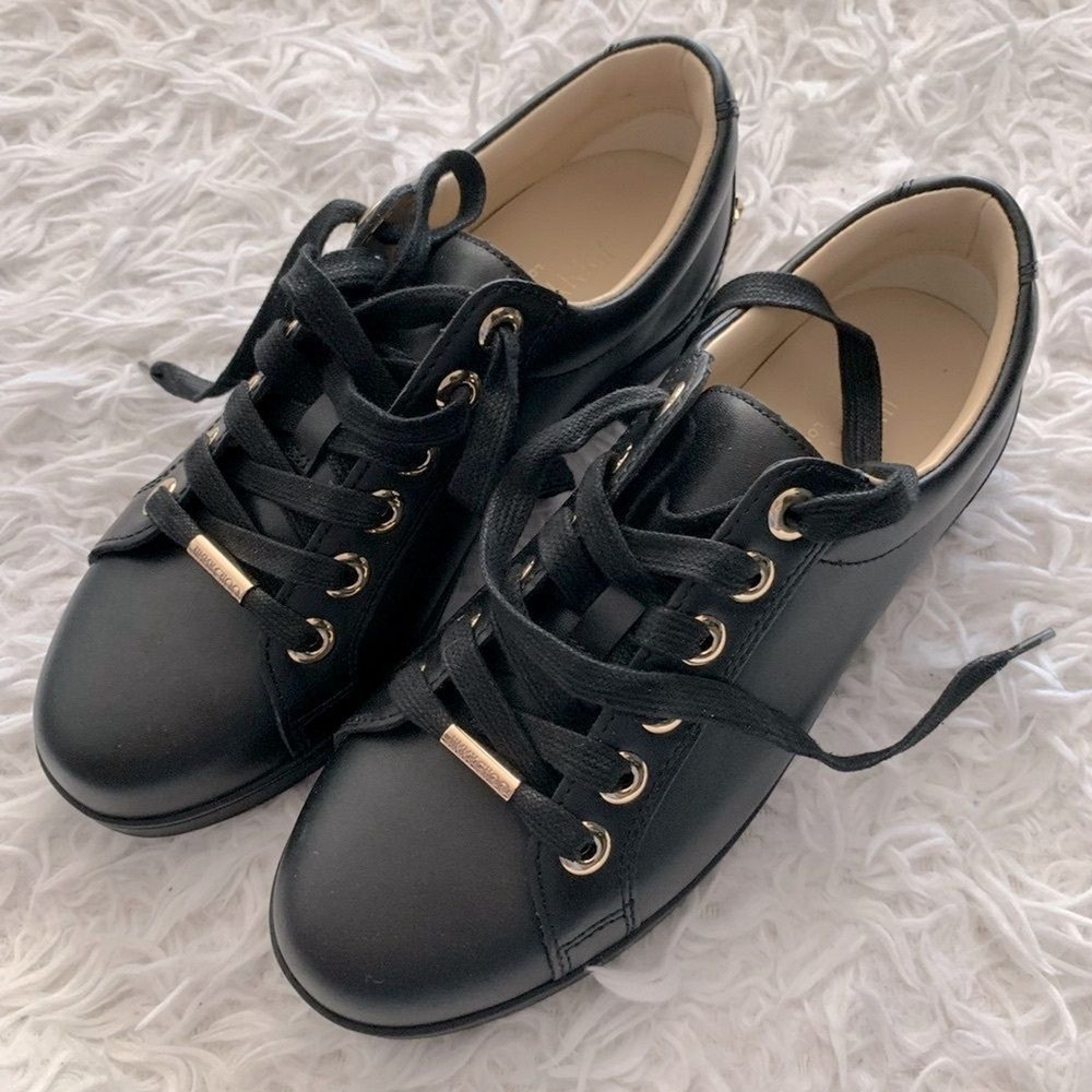 RRP US$950 NEW Jimmy Choo women black leather low top sneakers US7 EU37