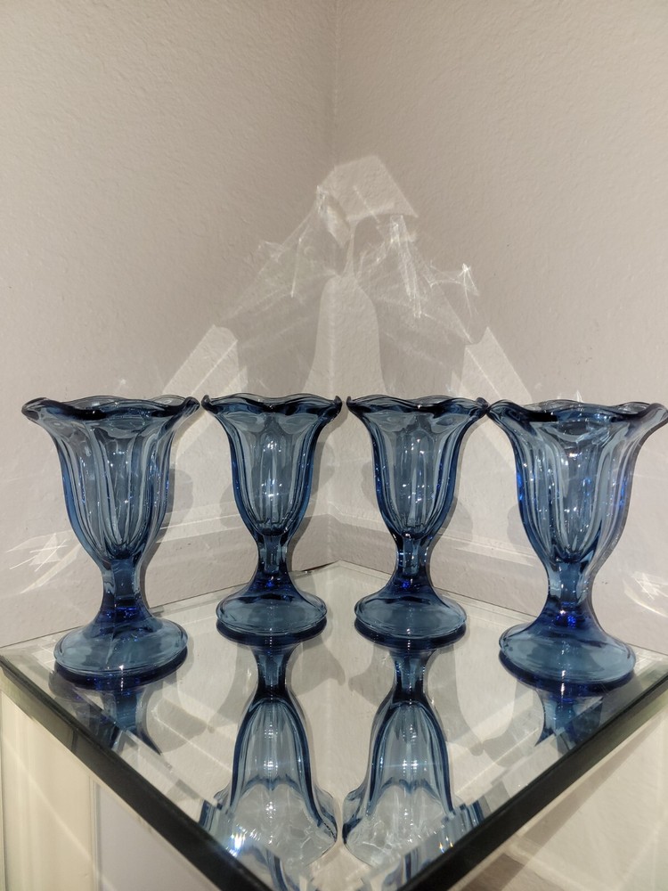 Vintage Anchor Hocking Blue Ribbed Sundae Glasses Set of 4 6.25