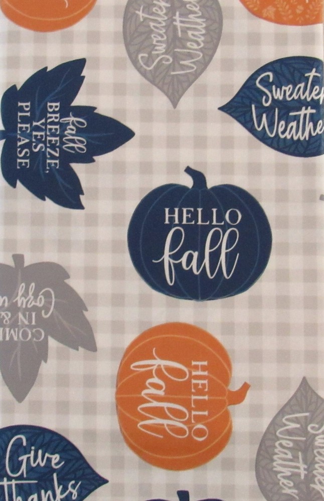 Autumn-Themed Gray and White Gingham Vinyl Tablecloth in Various Sizes  -image