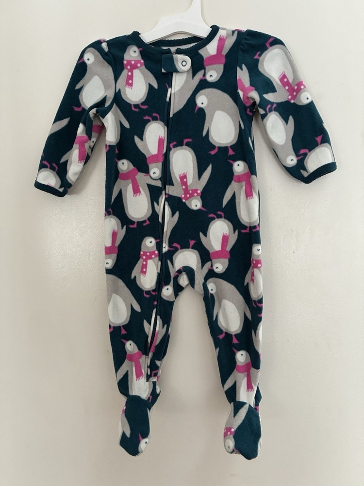 Carter's Baby Girls 1-Piece Cute Penguin Fleece Zip-Up Long Sleeve PJs Blue 12M