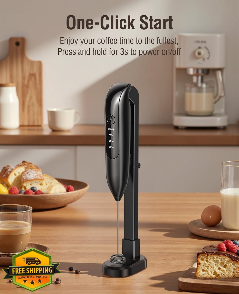 Dynooper Milk Frother, Rechargeable 3-Speed Latte Cappuccino Whisk, Black