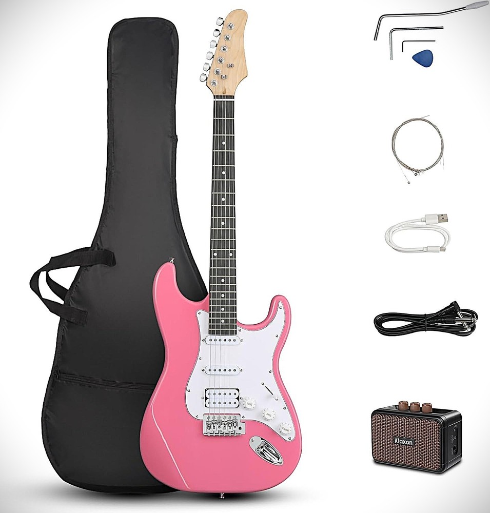 Full-Size Pink Electric Guitar Starter Package with Portable Amp and Accessories
