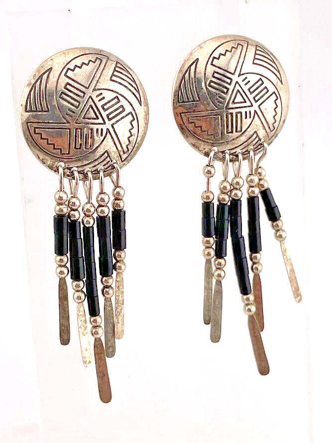 925 STERLING SILVER CONCHO BLACK ONYX TASSEL EARRINGS 2