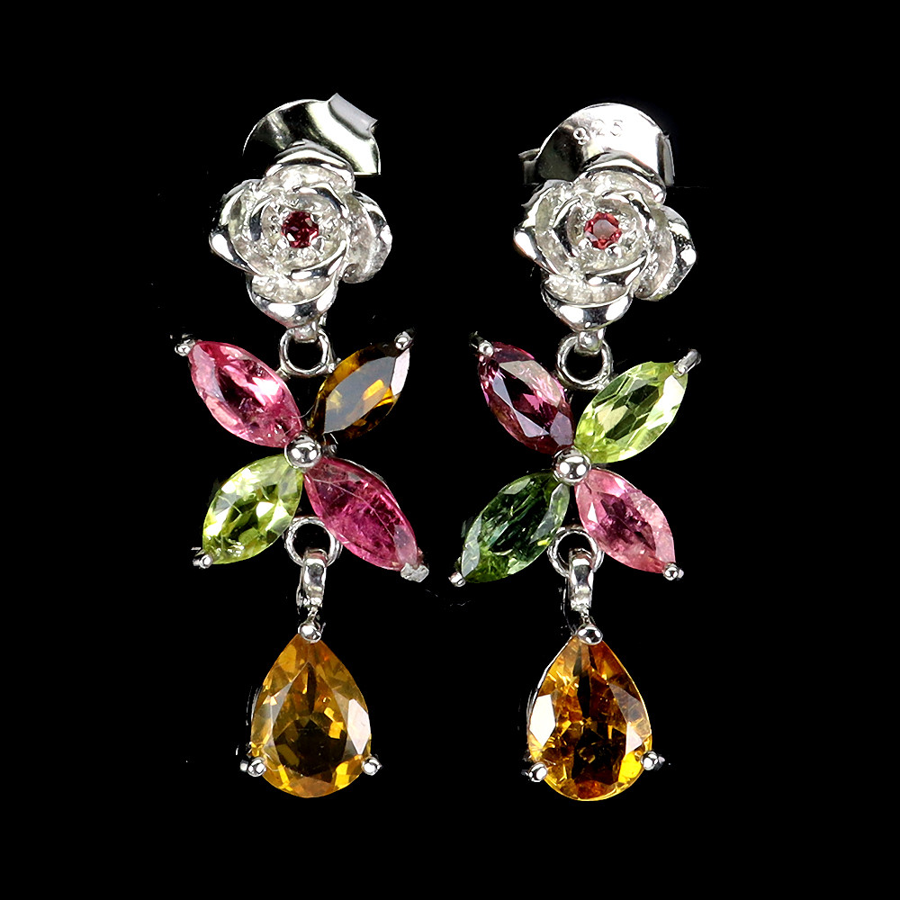 925 Sterling Silver Pear Citrine Rhodolite Tourmaline Gemstone Earrings Jewelry
