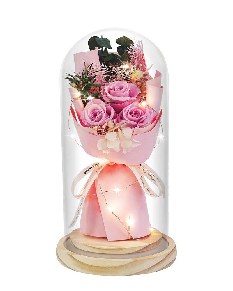 Preserved Rose Bouquet in Glass Dome Gift for Her Forever Flowers