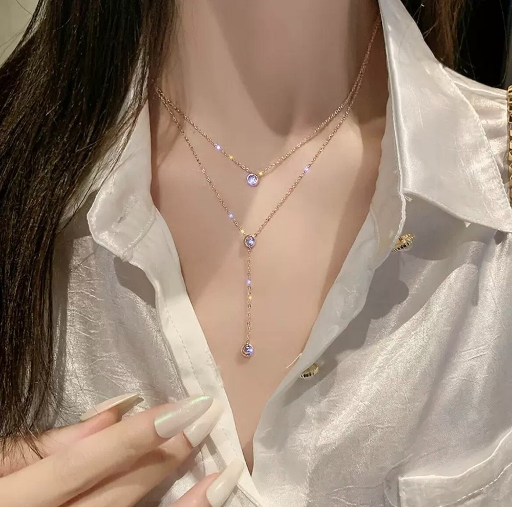 Woman Fashion 18K Gold Plated Double Layers CZ Necklace Chain
