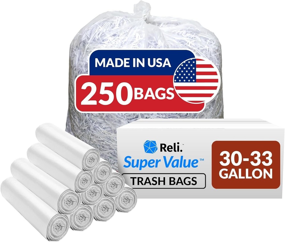 Bulk 33 Gallon Heavy-Duty Clear Trash Bags | Made in the USA | 250 Pack