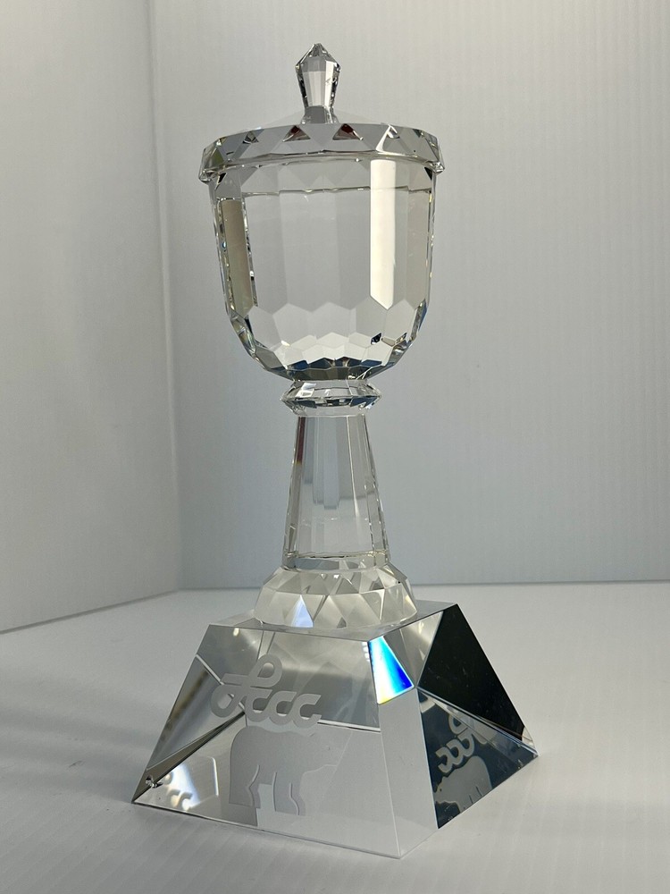 Vtg 24% Cut Crystal Glass Pillar Trophy Paperweight 9” College Award Etched Bear