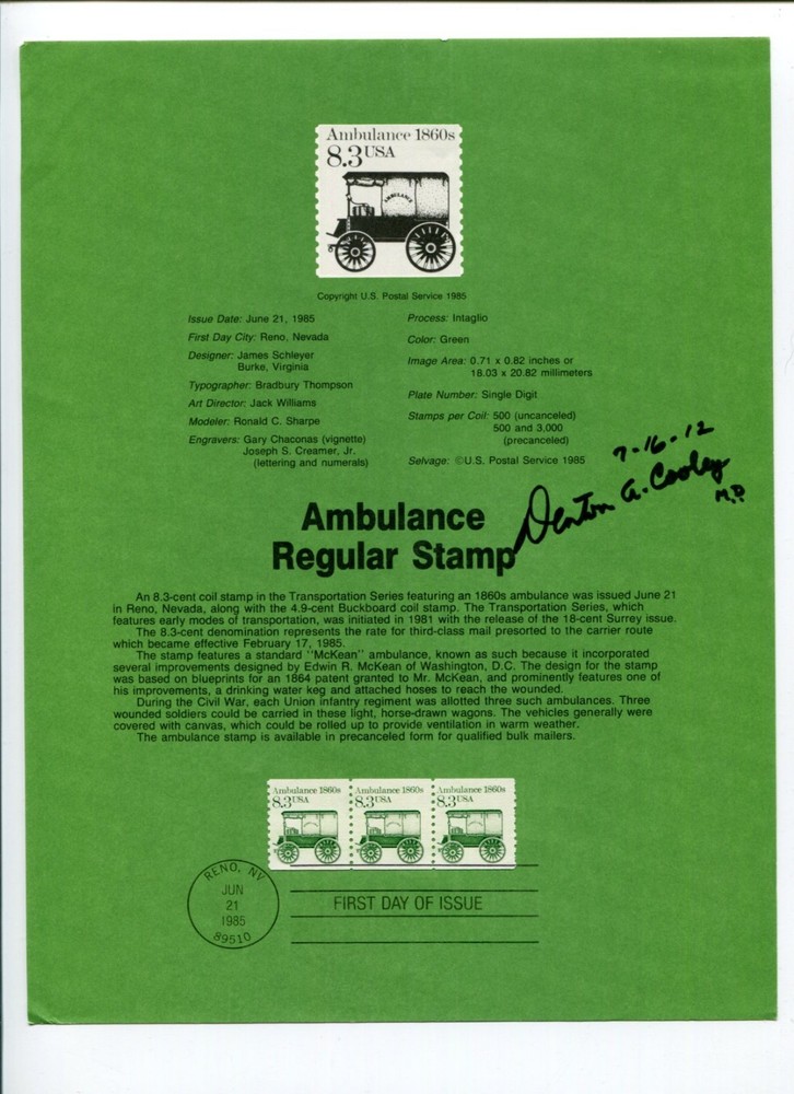 Dr Denton Cooley Heart Surgeon Doctor Inventor Signed Autograph FDC Stamp Sheet