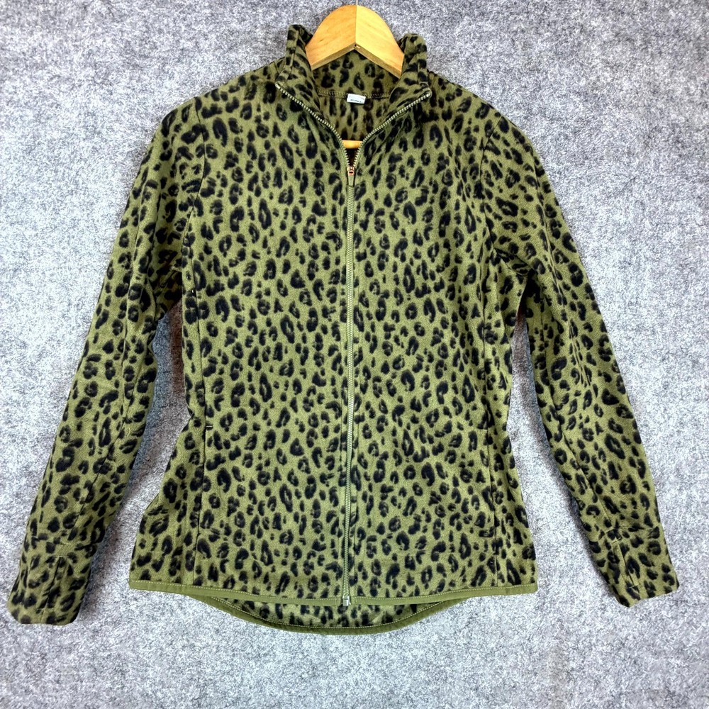 Old Navy Active Fleece Jacket Womens Small Green Black Leopard Print Full Zip