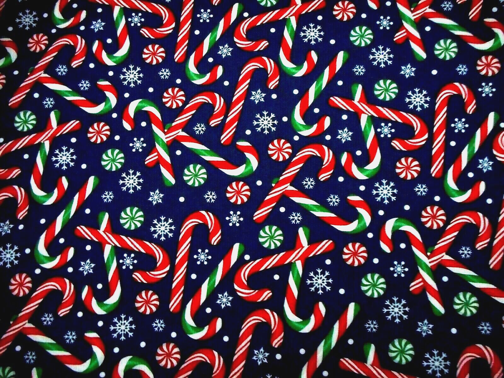 Christmas Fabric By 1/2 Yard Candy Cane Peppermint Candy Snow Dk Blue Cotton #39