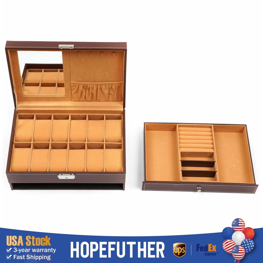 Men's 12-Slot Watch Box Jewelry Storage Display Case Organizer Holder US