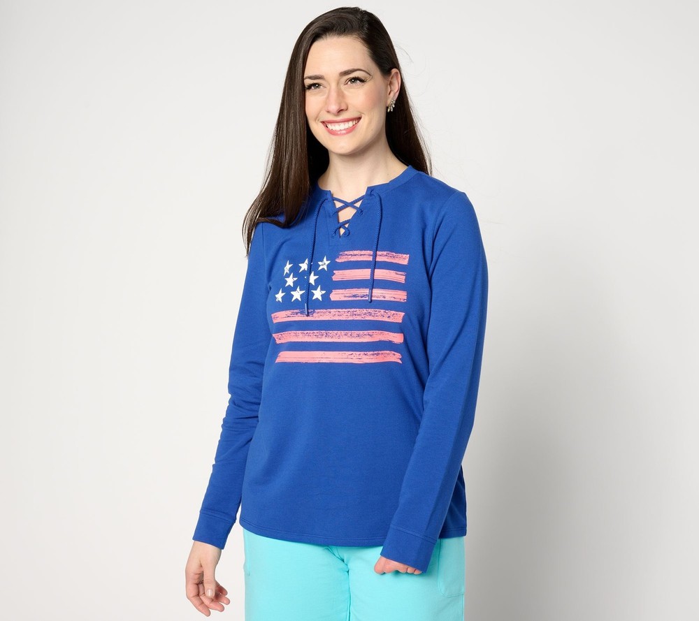 Maya J Women's Top Sz L Denim & Co. Active Americana Flag French Blue A648427