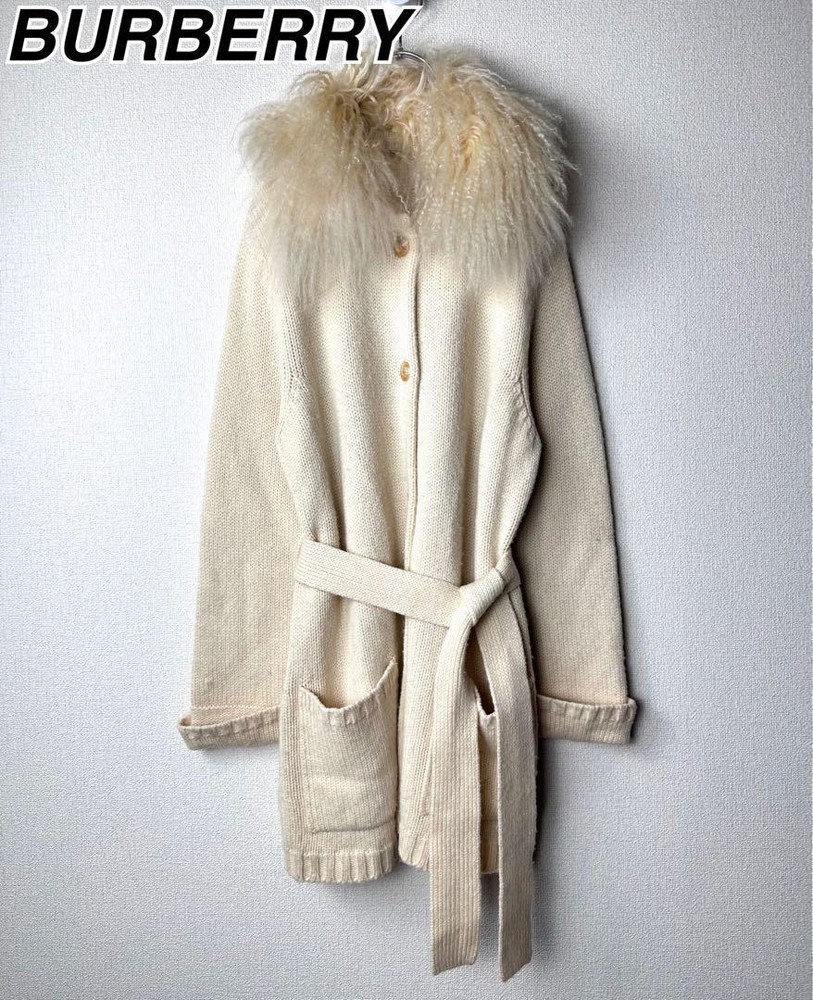 Burberrys 90's Knit Cardigan M Green Fur Details New/Used Retro Fashion